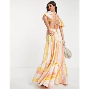 ⭐️SALE NEW ASOS Puff Sleeve Lace Up Tiered Pink Orange Cocktail Voile Maxi Dress